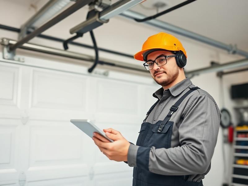 Professional garage door technician with tablet performing digital inspection