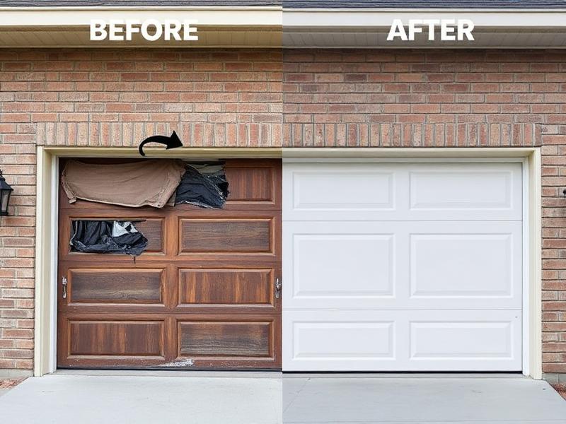 Before and after garage door replacement showing dramatic improvement from old damaged door to new modern white flush panel door