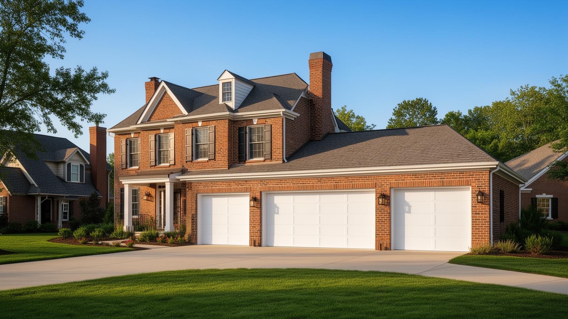 Beautiful colonial home with modern white flush panel garage doors in Matlock, Washington