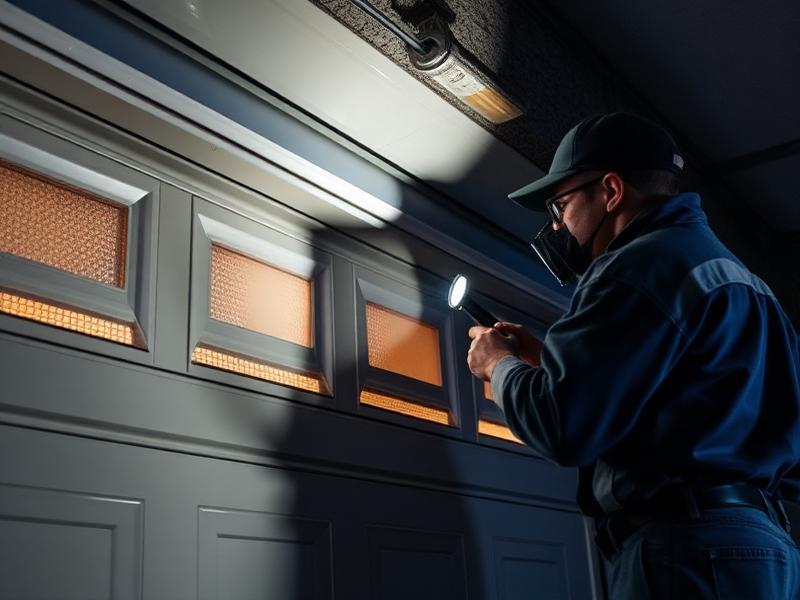 Emergency garage door repair technician working at night with flashlight