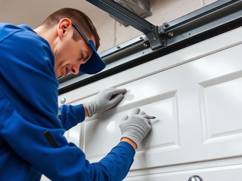 Professional technician installing new white garage door panel with precision tools
