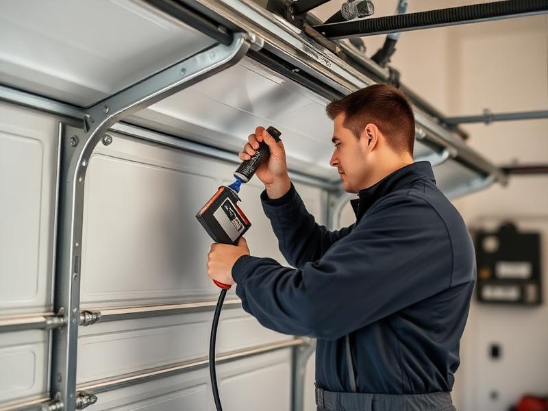 Technician performing garage door maintenance and lubrication service