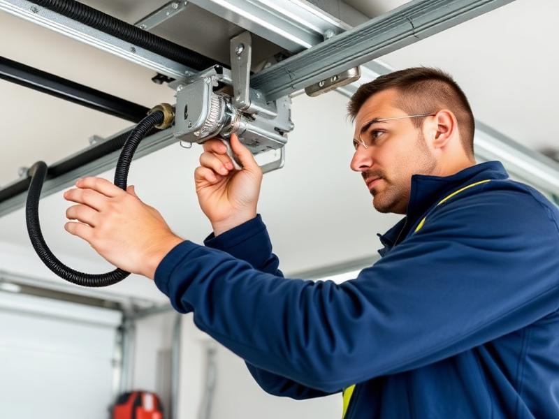 Expert garage door repair technician fixing spring mechanism with safety equipment